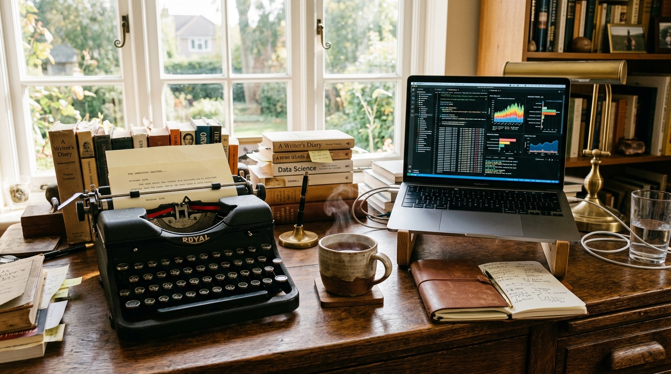 A cluttered, sunlit oak desk holding a vintage typewriter, a