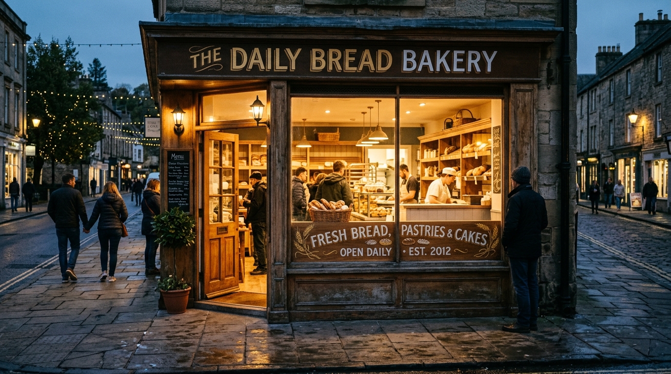A candid shot of a warm, wood-paneled local bakery storefront