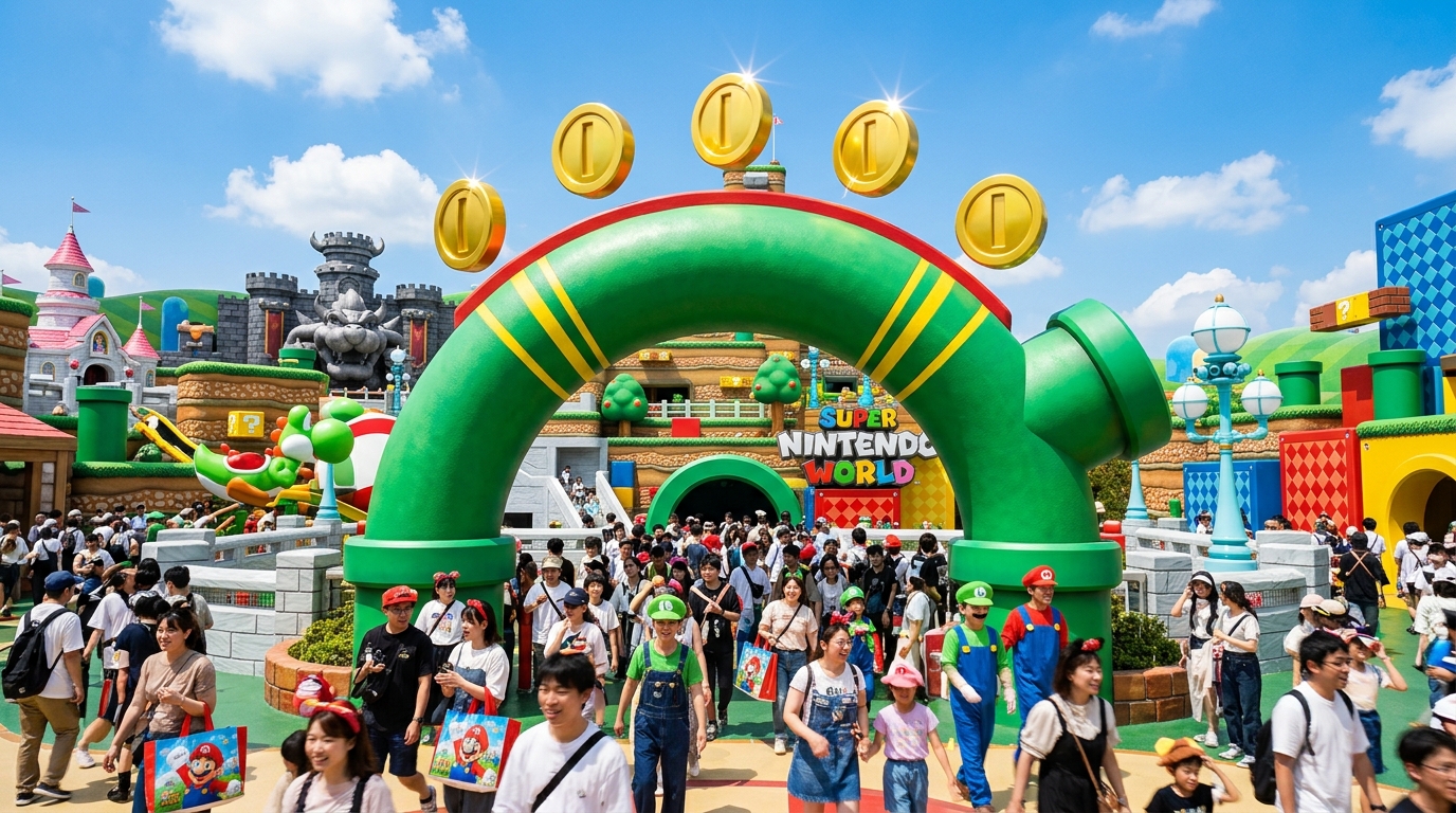 A vibrant, sunny shot of the Super Nintendo World entrance