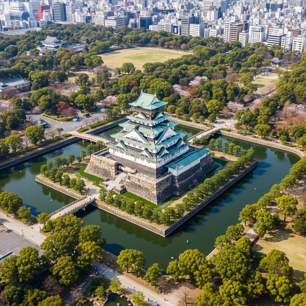 Aerial view of Osaka Castle surrounded by multiple moats and