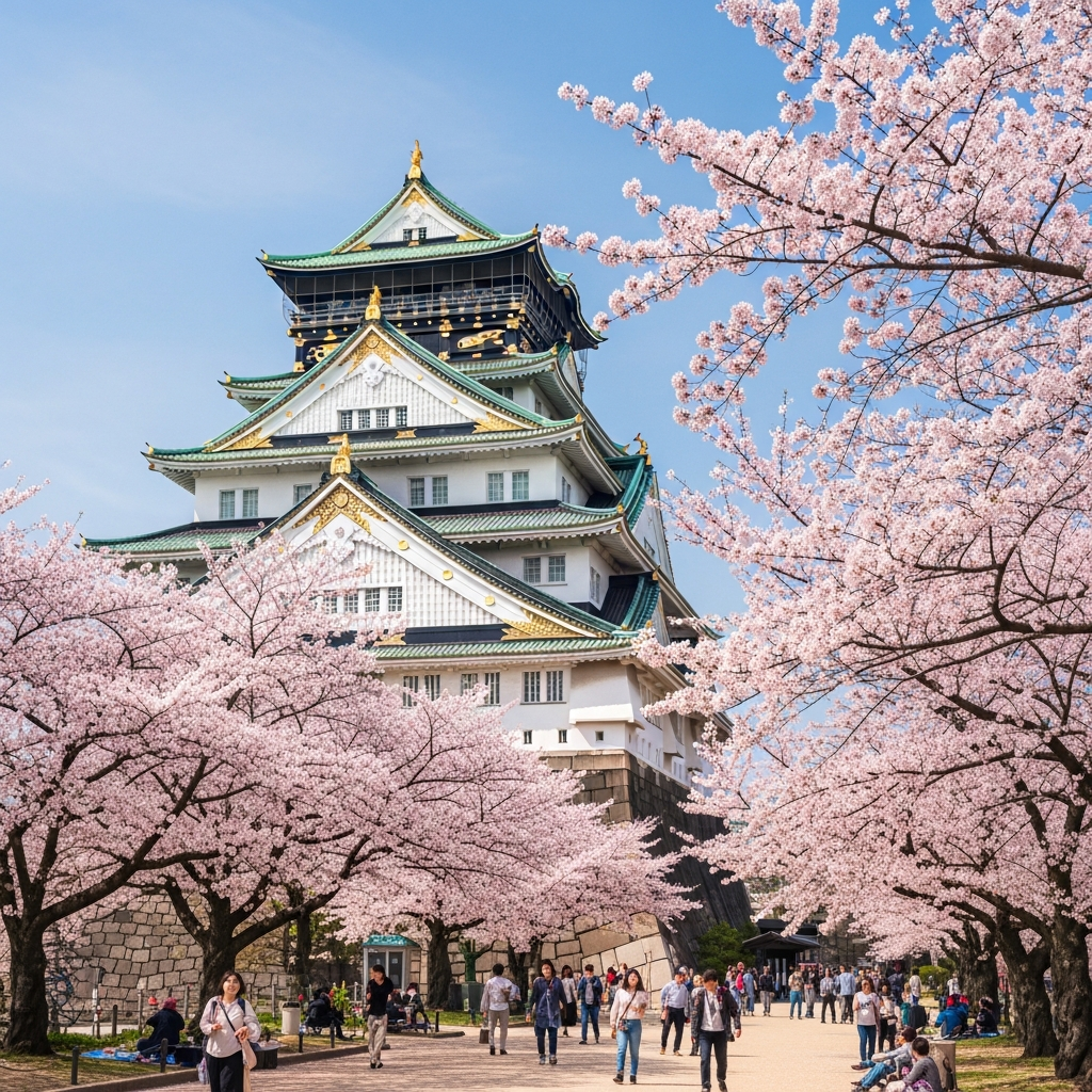 Beautiful shot of Osaka Castle with cherry blossoms in full