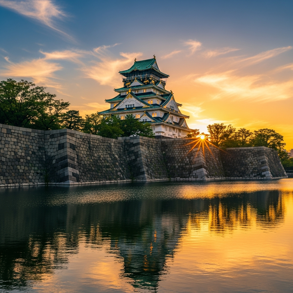 A wide shot of Osaka Castle at sunset, with golden