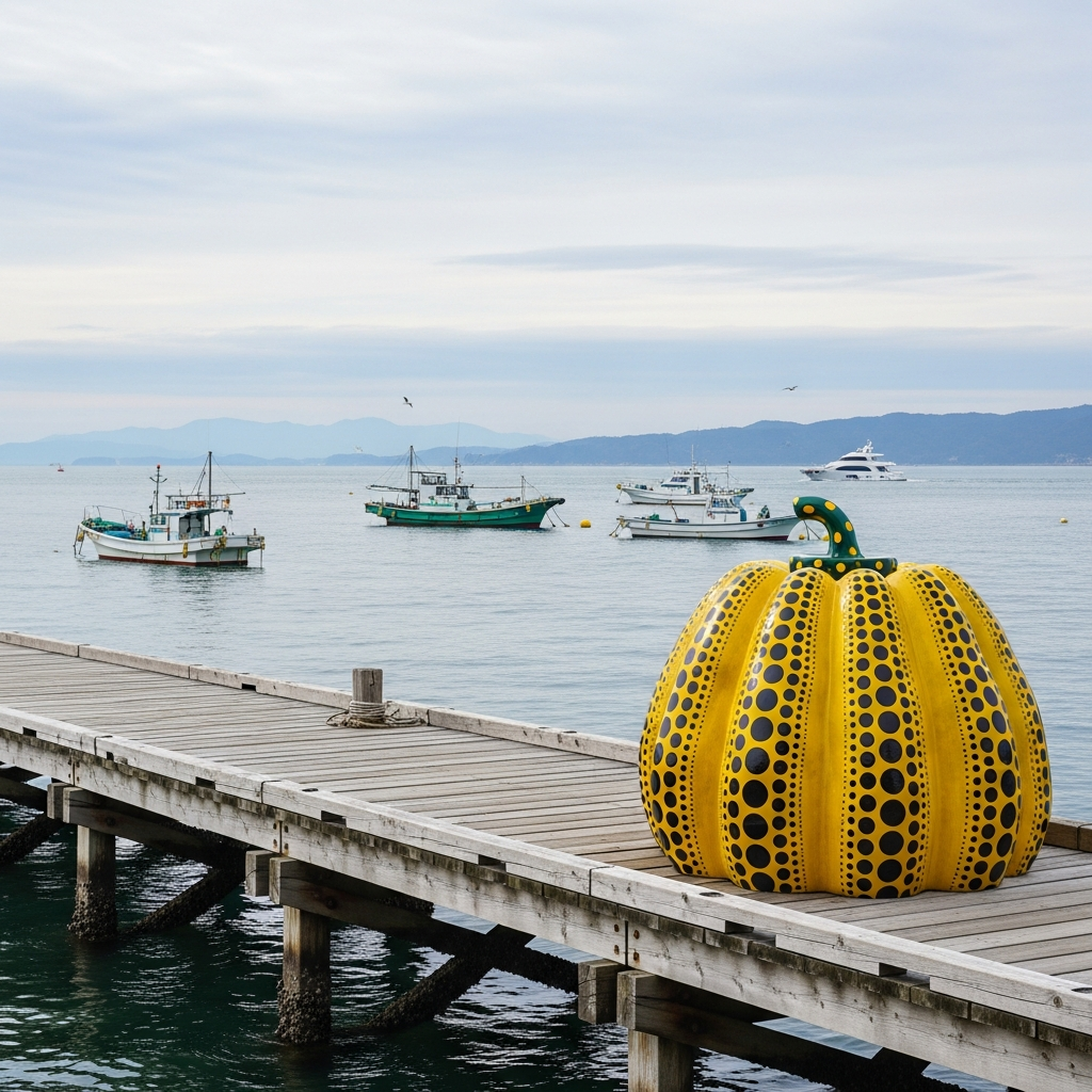 Giant yellow polka-dotted pumpkin sculpture on a pier overlooking the