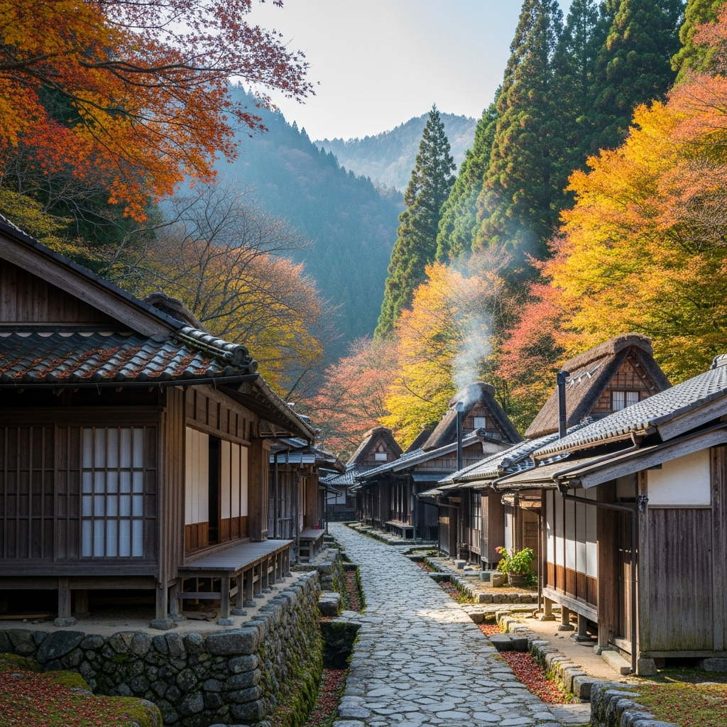Traditional wooden Japanese houses lining a historic stone path in