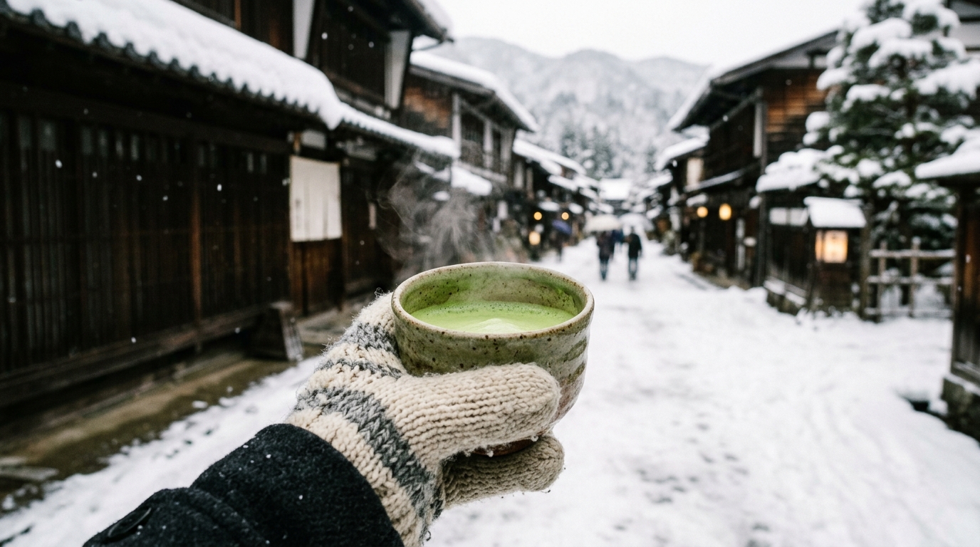 A close-up shot of a steaming ceramic cup of matcha