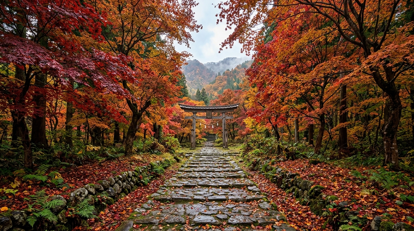 A wide-angle view of a serene stone path lined with