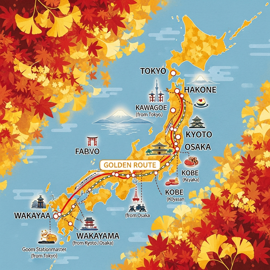 A vibrant, detailed map of Japan highlighting the Golden Route