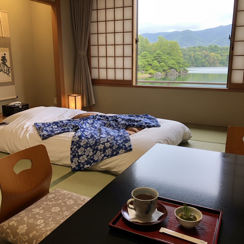 A serene image of a traditional Japanese ryokan interior, perhaps