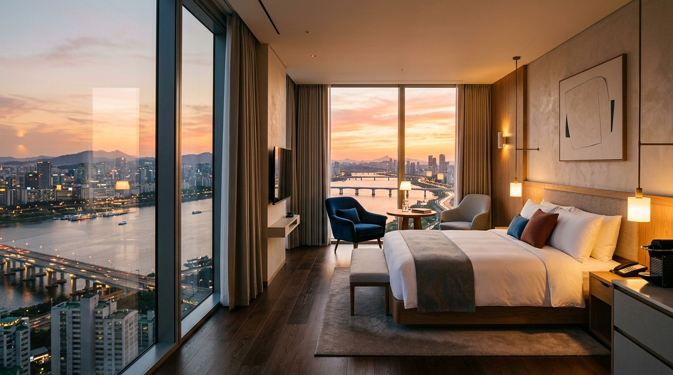 A vibrant, modern hotel room in Seoul with floor-to-ceiling windows