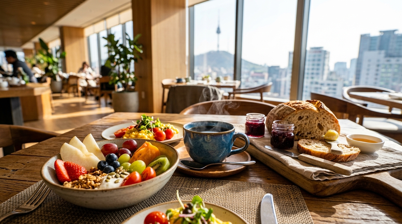 A close-up, high-quality shot of a modern Seoul breakfast spread,