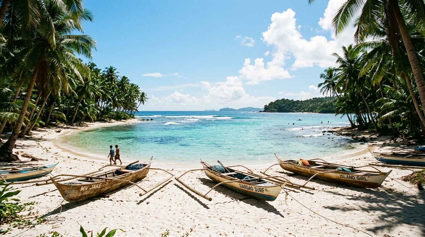 A sun-drenched, rugged shoreline in Siargao with a few wooden