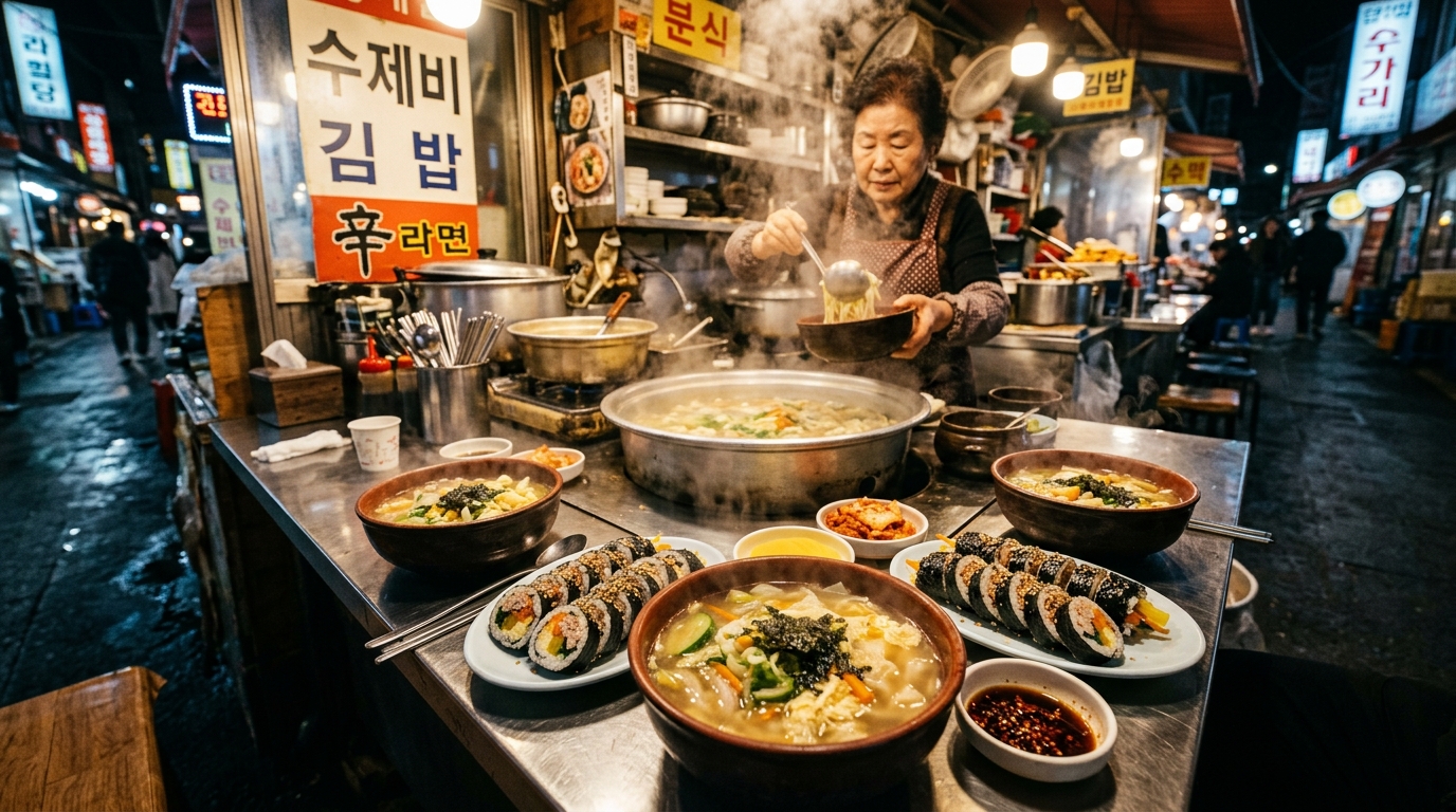 A steam-filled, narrow kitchen counter in Seoul with bowls of
