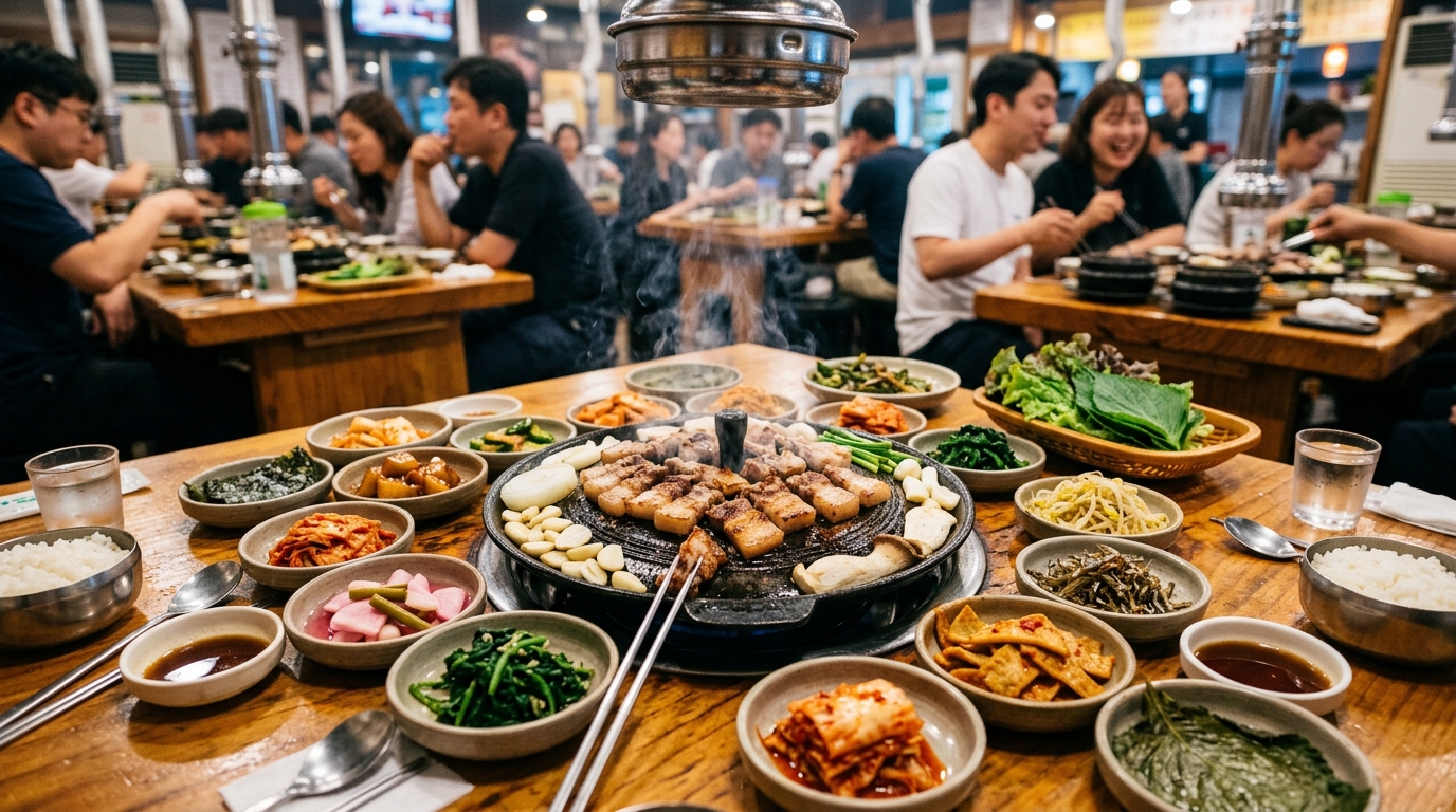 A spread of vibrant banchan dishes surrounding a sizzling plate