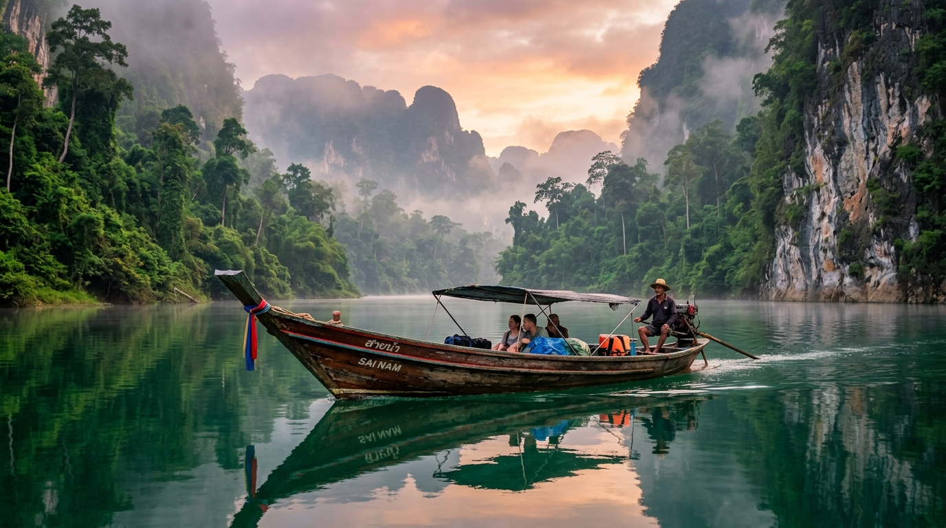 A weathered wooden long-tail boat gliding across a glassy, emerald-green