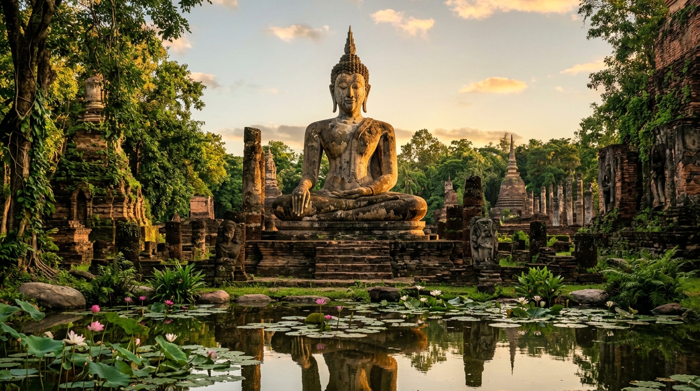 A massive, crumbling 13th-century stone Buddha statue seated peacefully among