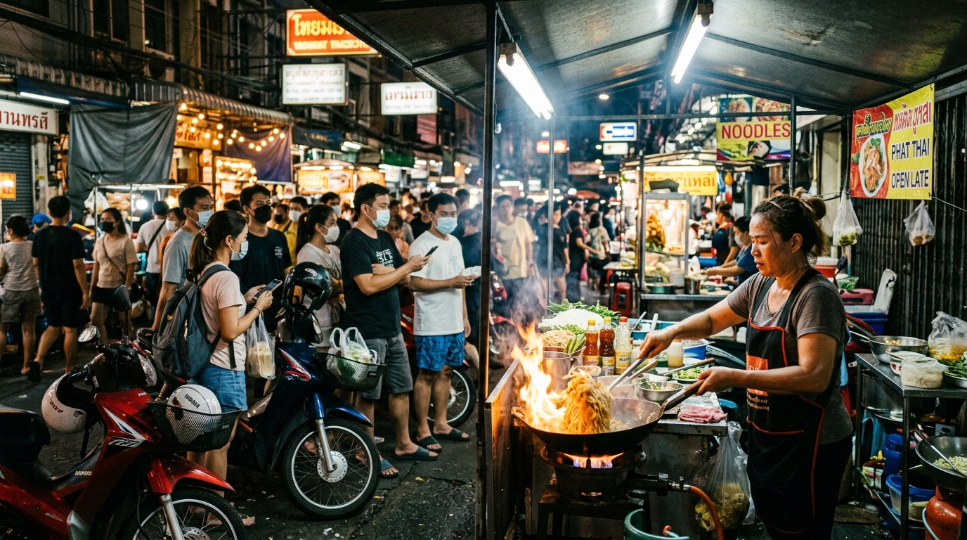 A bustling, chaotic local Thai market scene at night, illuminated