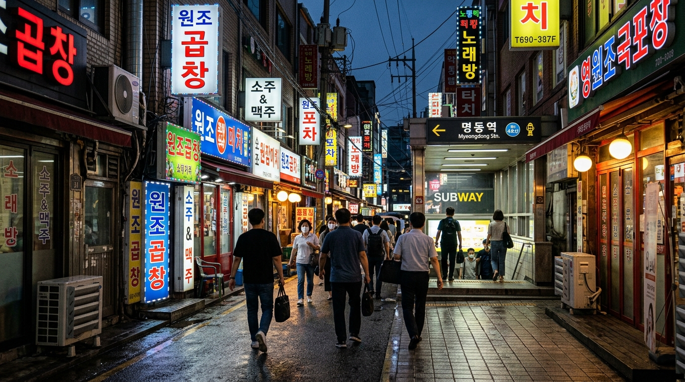A vibrant, ground-level photograph of a narrow street in Seoul