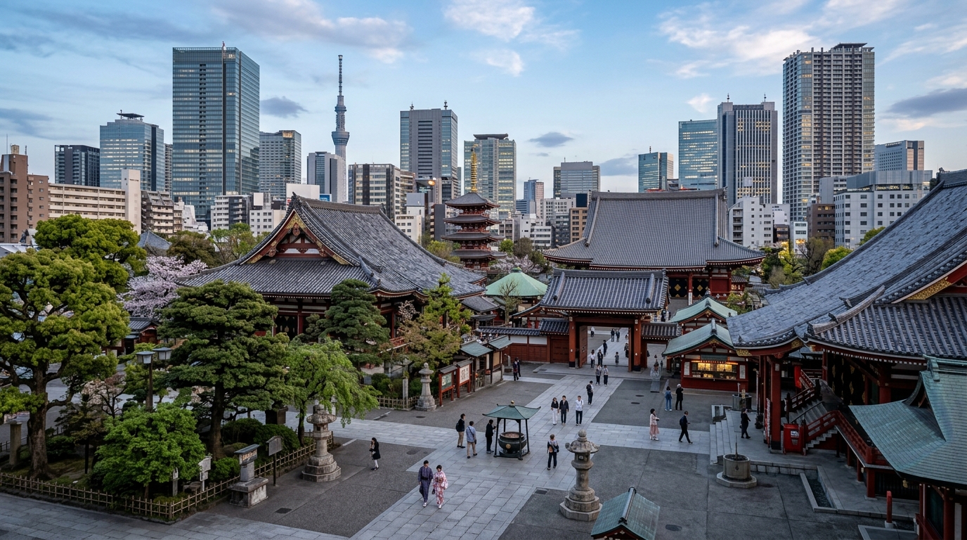 A wide-angle view of a serene temple courtyard with traditional