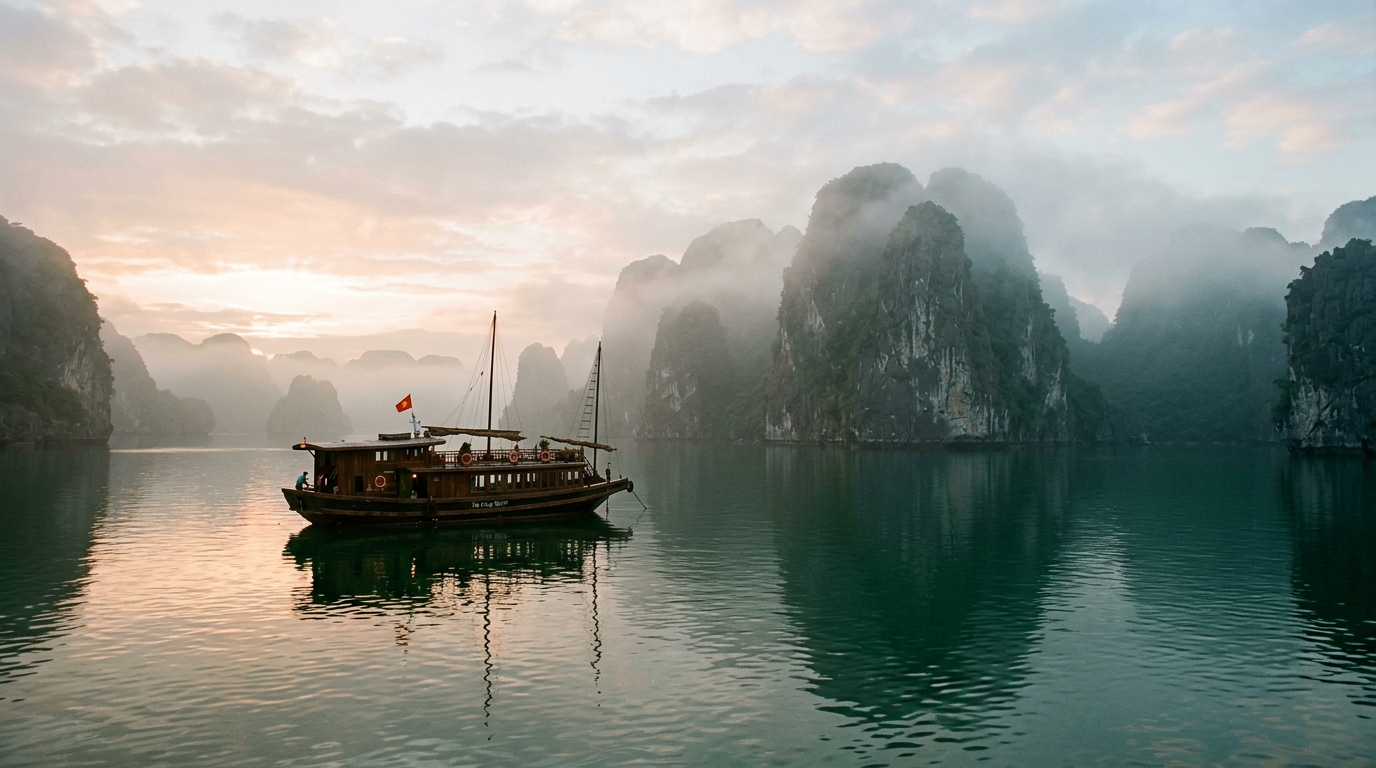 A wide shot of Lan Ha Bay at dawn. A
