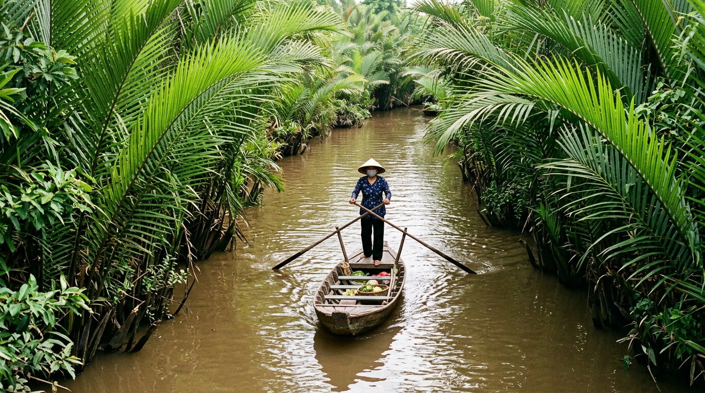 A high-angle view of a narrow canal in the Mekong