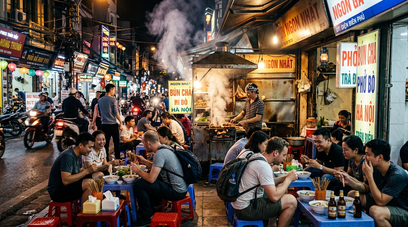 A vibrant, chaotic street food scene in Hanoi's Old Quarter