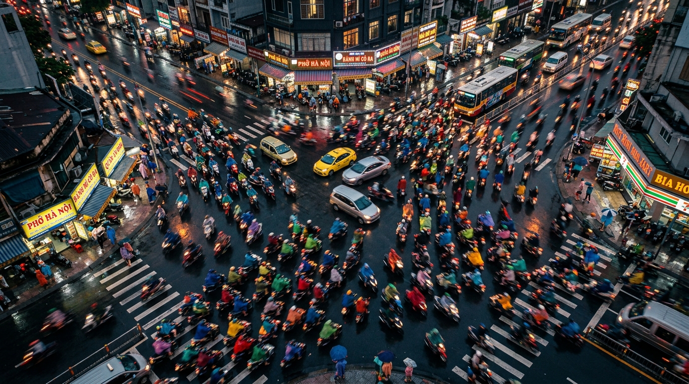 A dizzying top-down view of a chaotic intersection in Ho