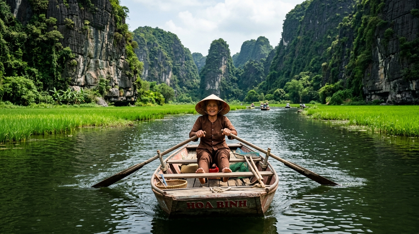 A local Vietnamese woman wearing a traditional conical palm hat