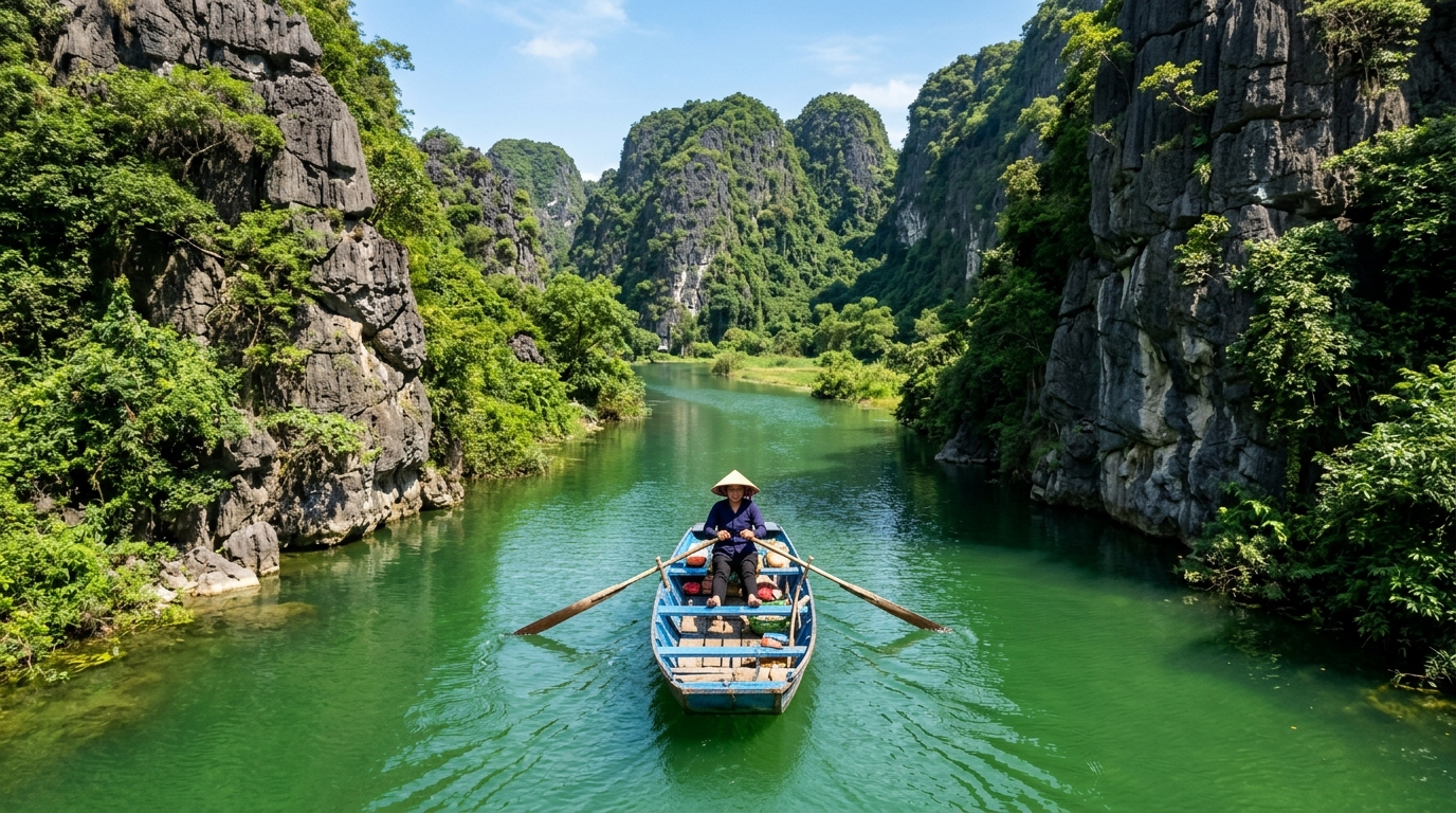 A top-down view of a small blue wooden rowboat navigating
