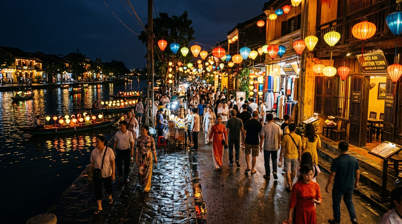A bustling night scene in Hoi An showing narrow pedestrian