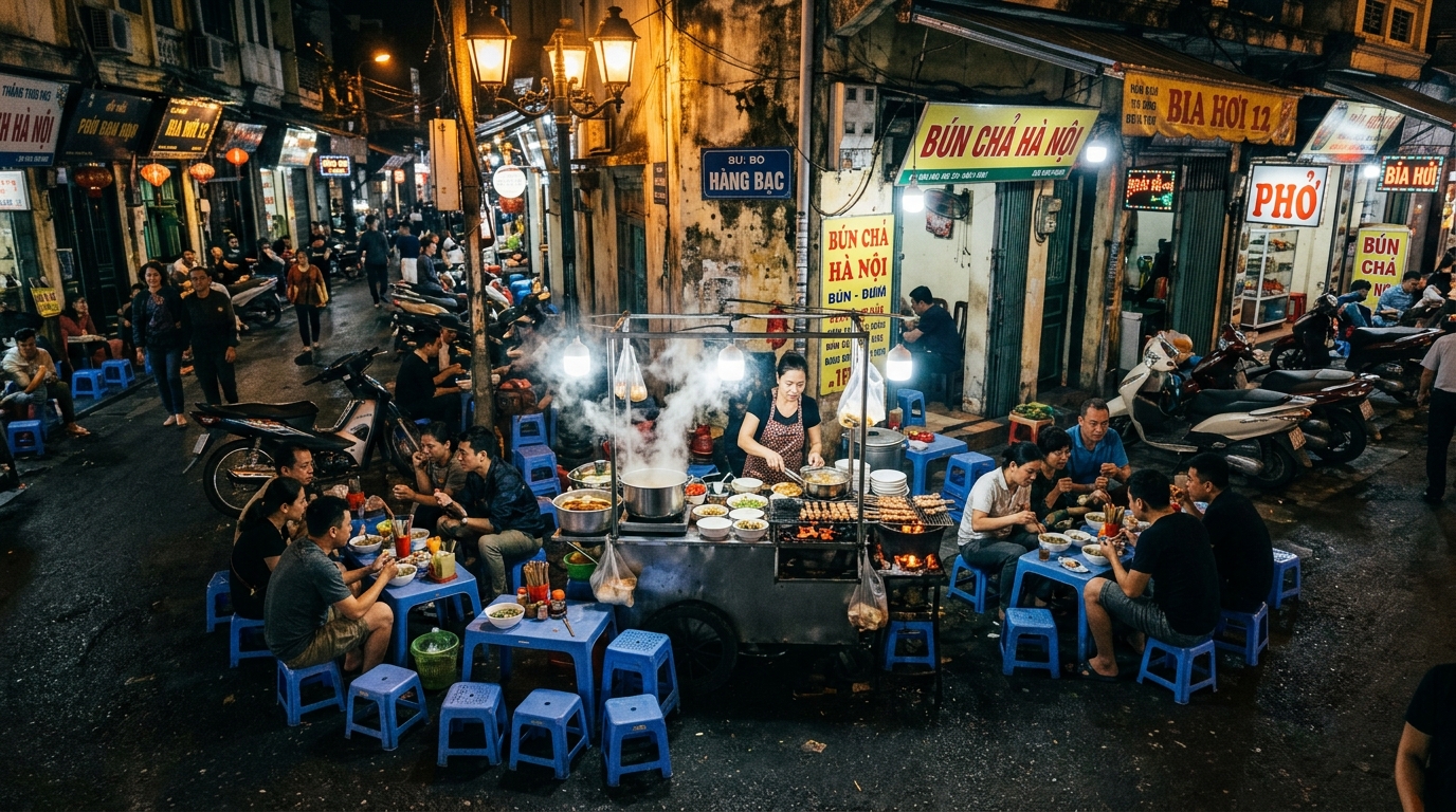 High-angle view of low blue plastic stools surrounding a steaming