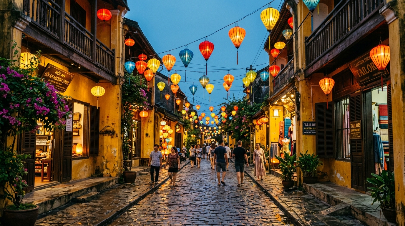 A narrow cobblestone street in Hoi An at dusk, glowing