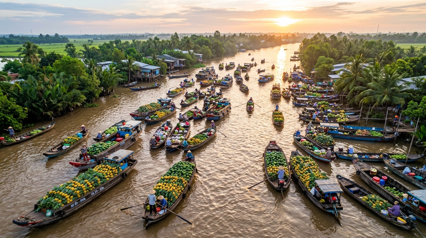 An aerial view of a vibrant floating market in the