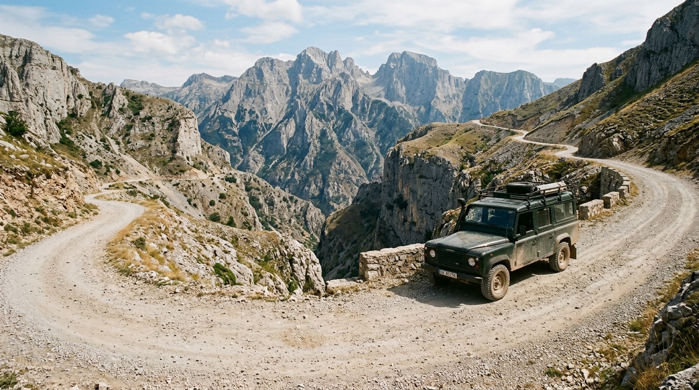 A wide-angle landscape shot of a dusty gravel road winding