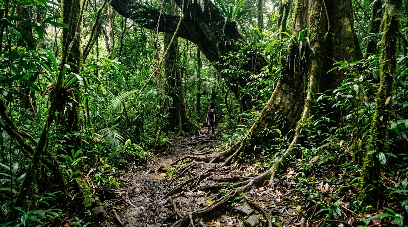 A densely packed, vivid green rainforest trail in Borneo, Malaysia.