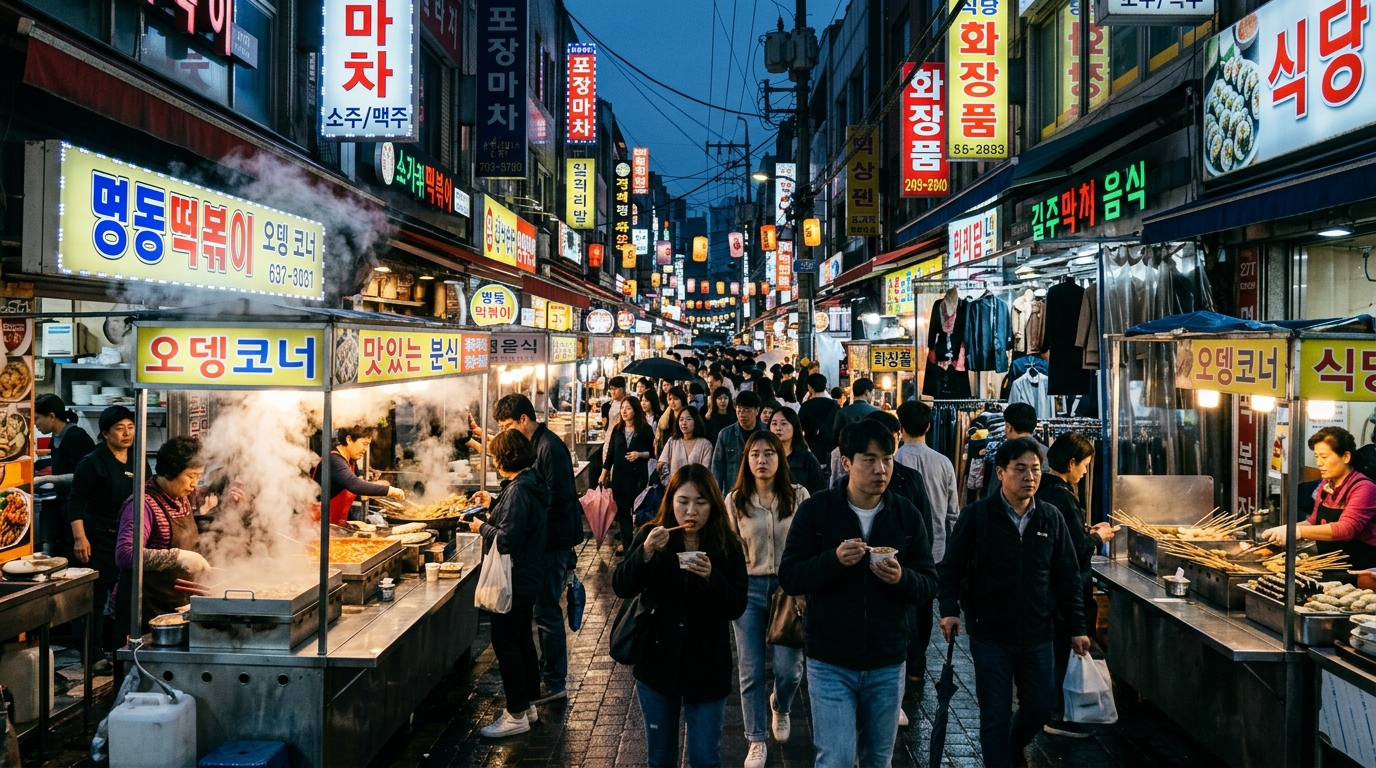 A vibrant, bustling street market in Seoul at dusk, featuring