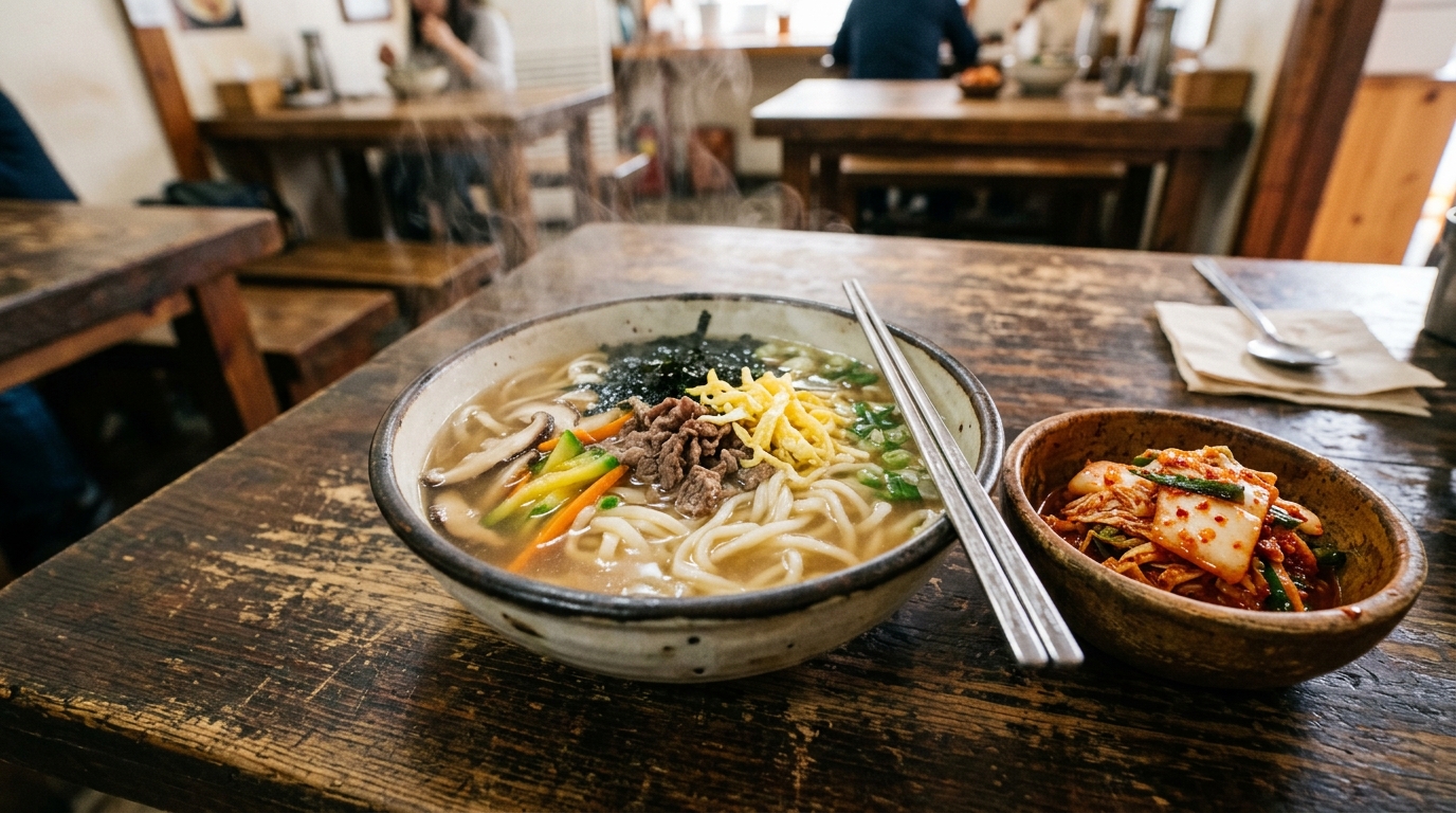 A close-up, high-angle shot of a steaming bowl of traditional