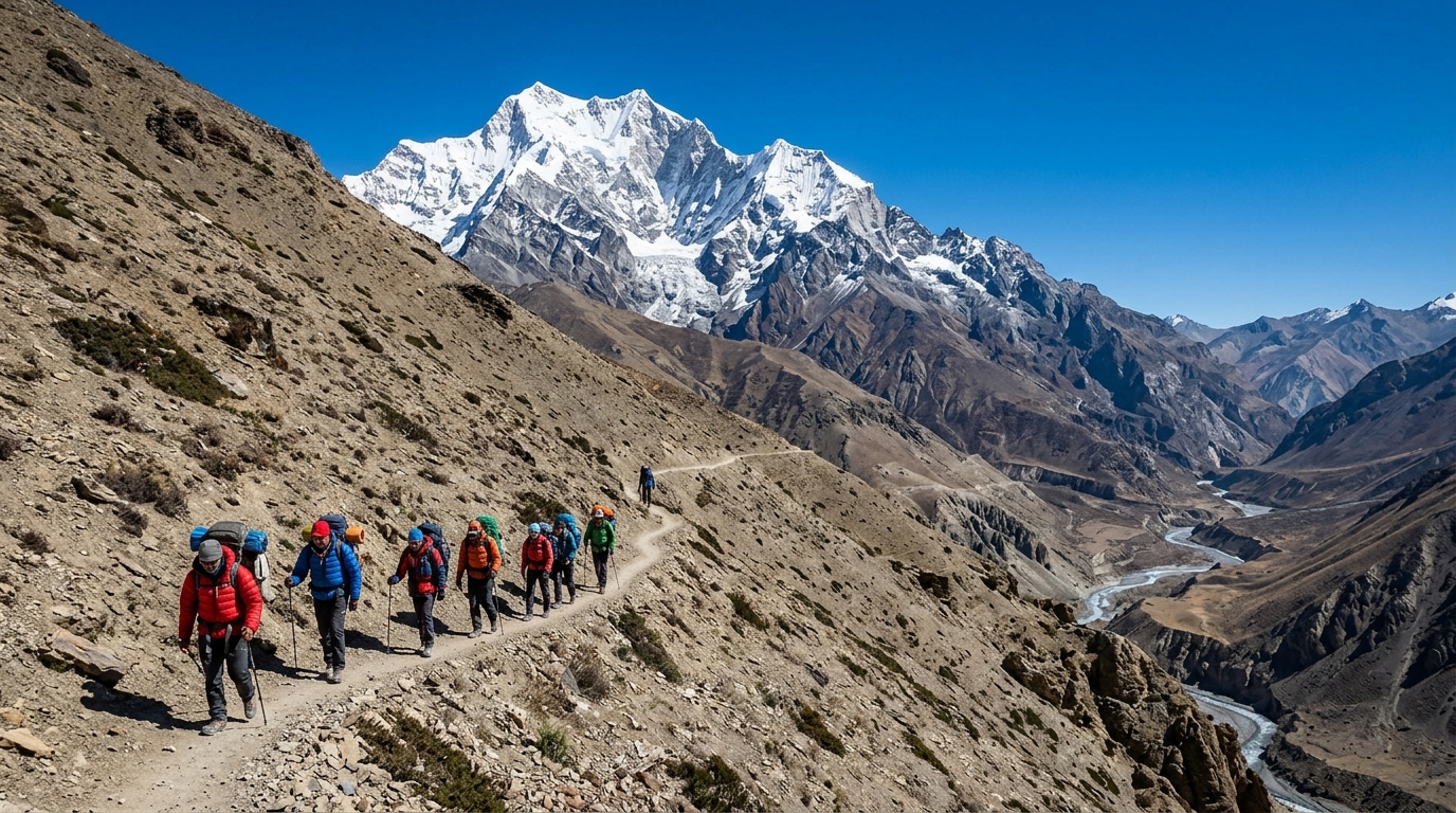 A wide-angle landscape shot showing a winding dirt trail carved