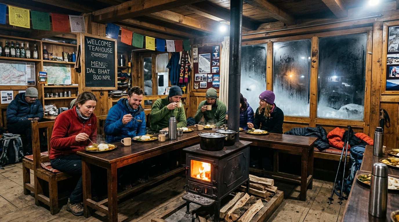 The interior of a traditional Nepalese teahouse dining room at