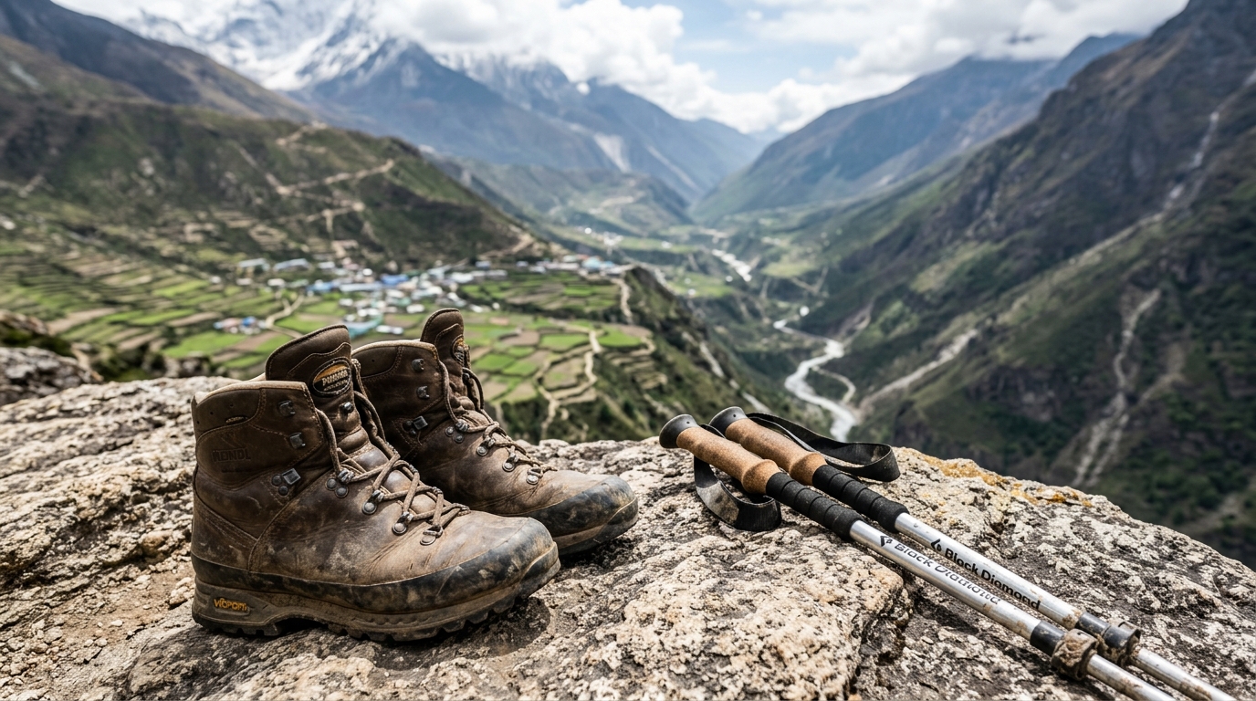 A close-up view of a hiker's heavy, leather trekking boots