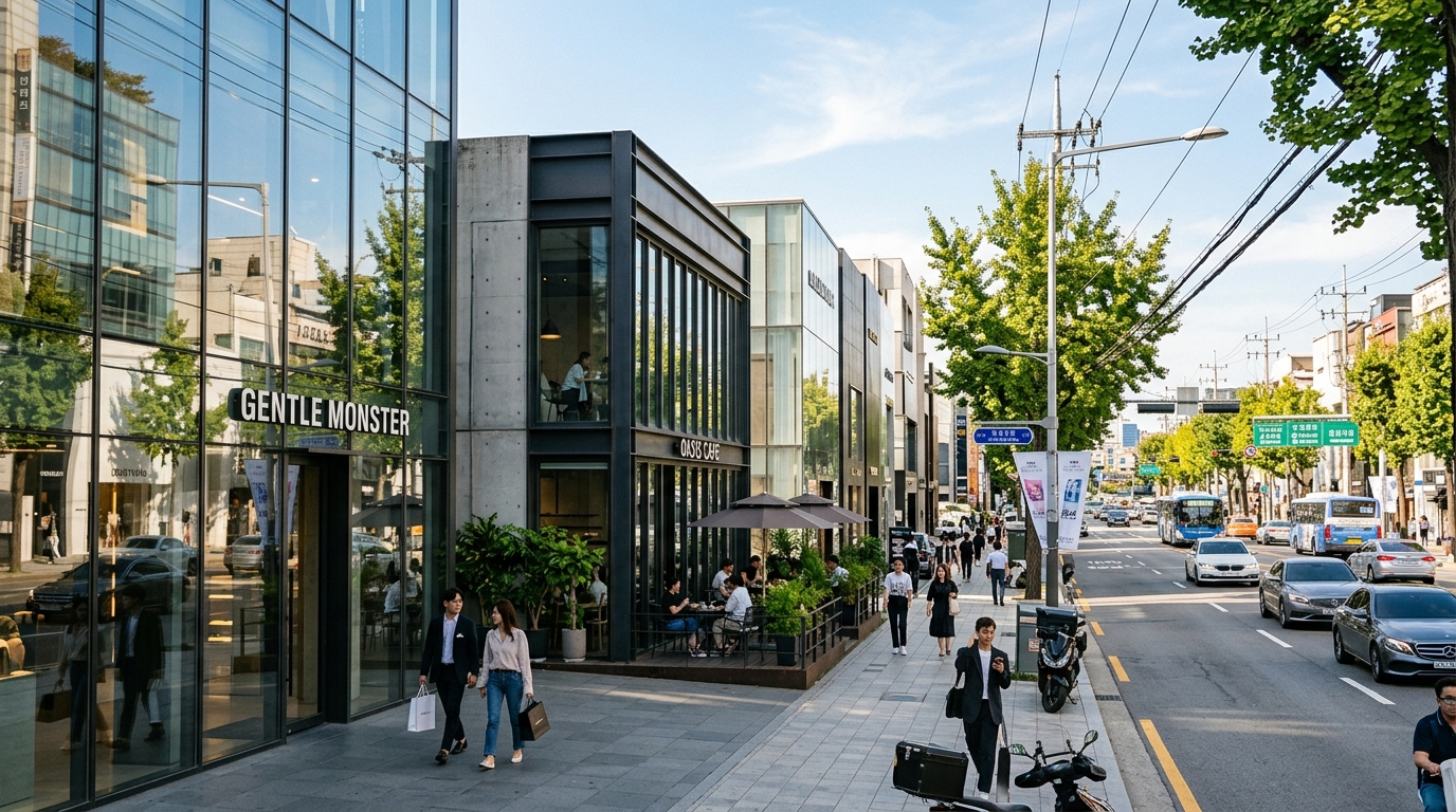 A wide-angle, sun-drenched street in the Apgujeong-dong neighborhood featuring high-end,
