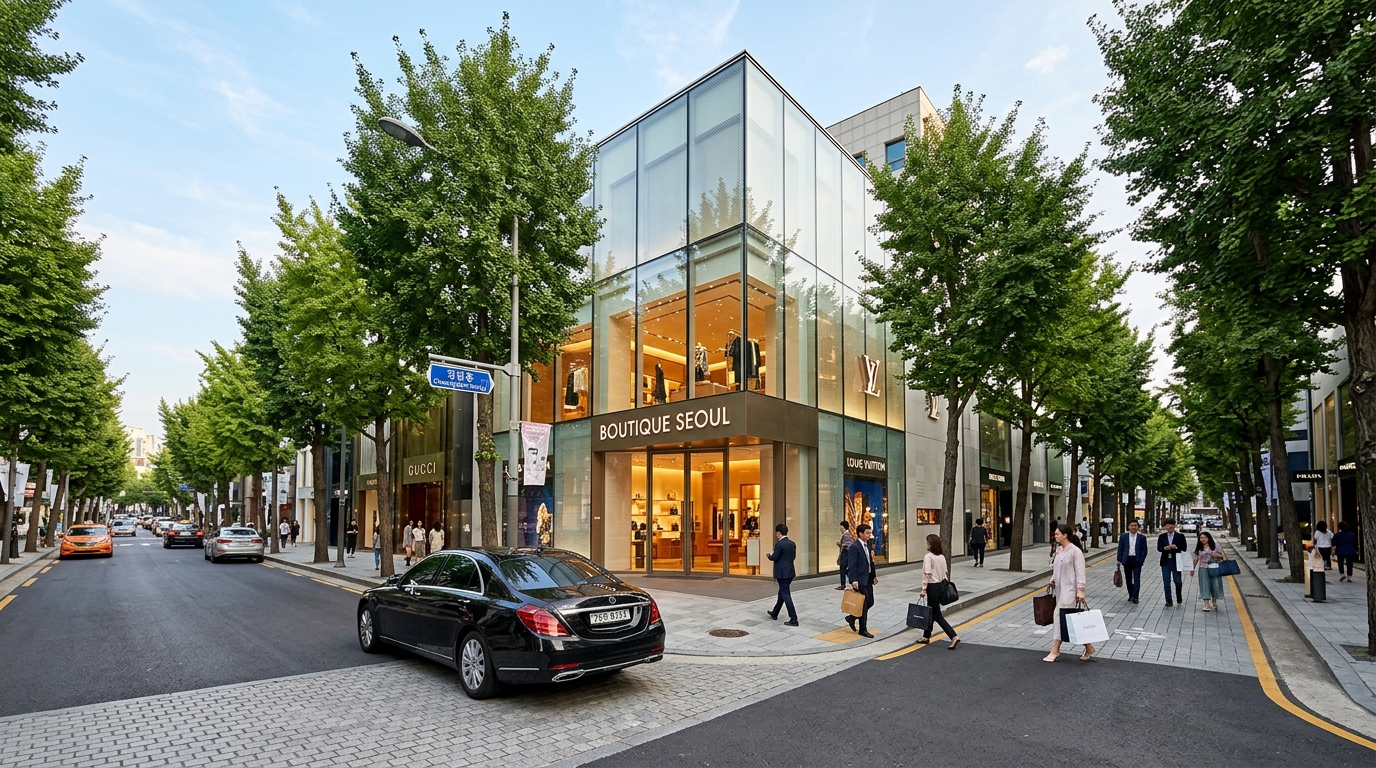 A wide-angle shot of the clean, tree-lined streets of Cheongdam-dong,
