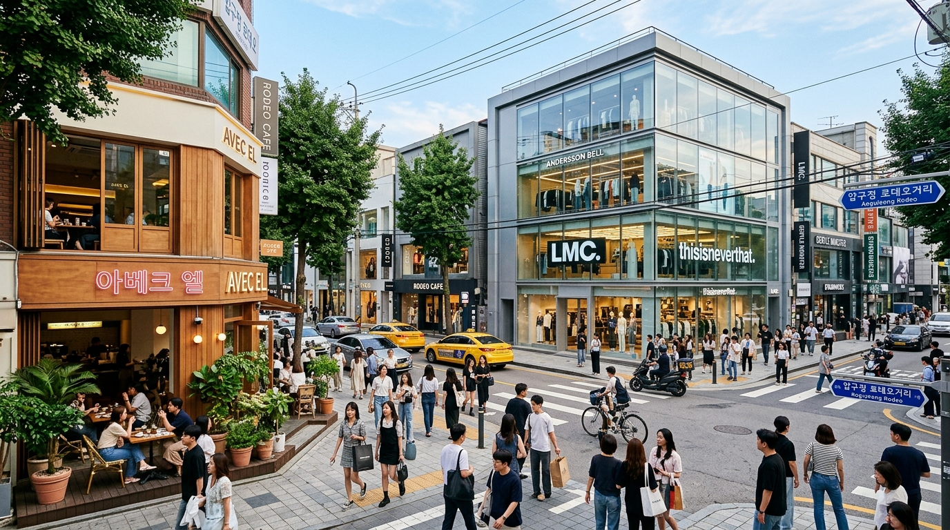A vibrant, bustling street corner in Apgujeong Rodeo showing a