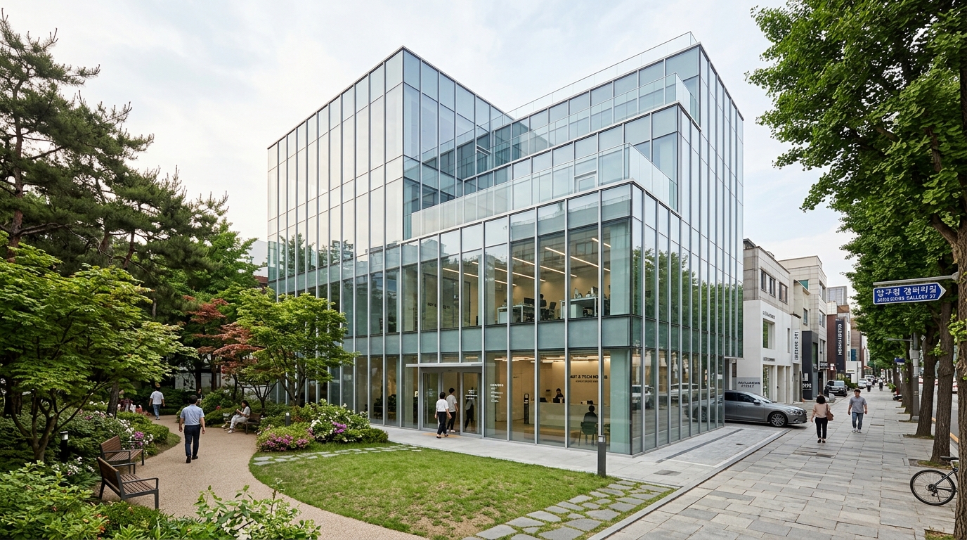 A modern, minimalist glass office building in the quieter gallery