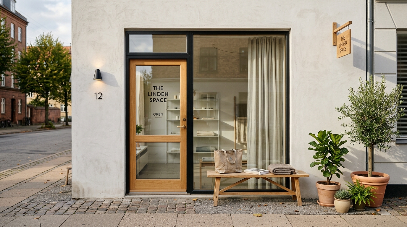 A minimalist storefront with clean, white concrete walls, a small