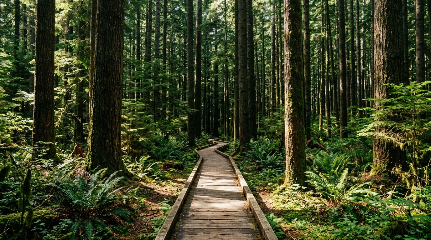 A dense, towering forest of fir trees with a narrow