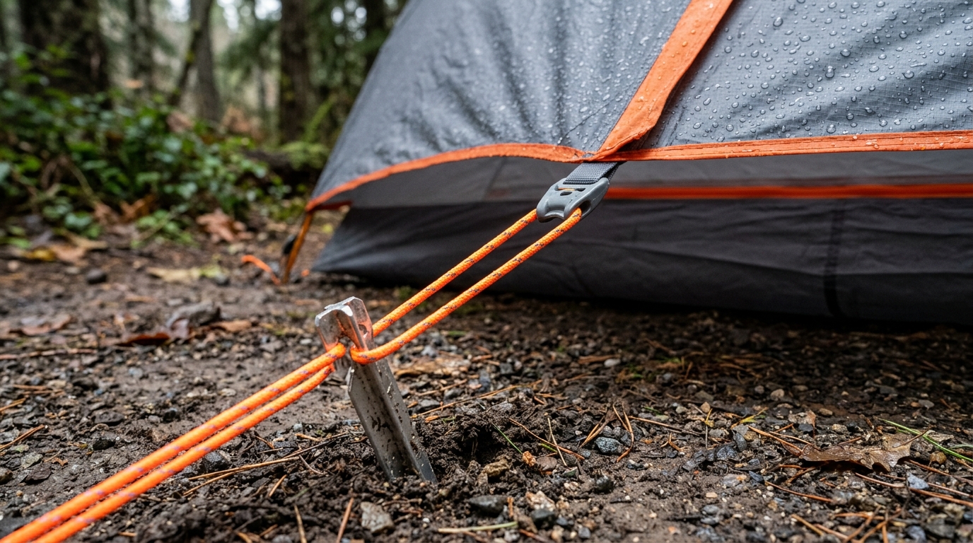 A ground-level, close-up perspective showing a neon-colored guyline pulled taut