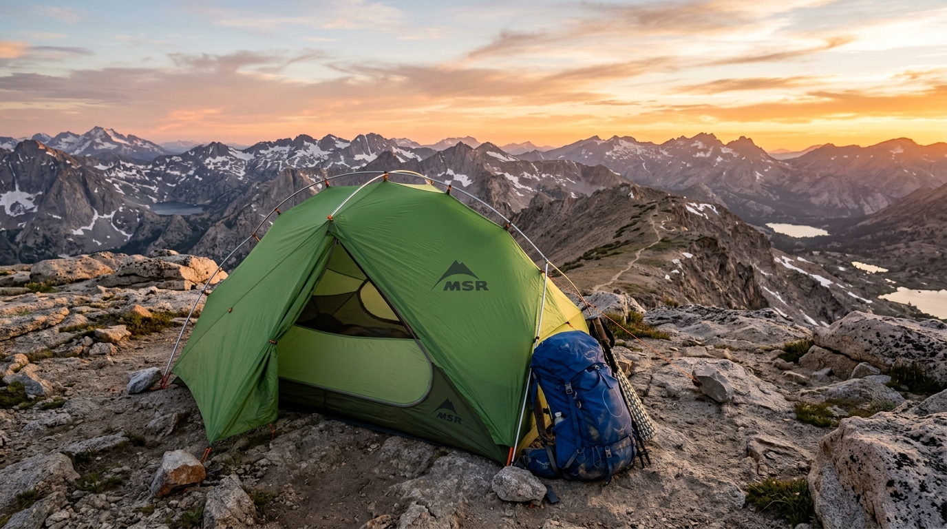 A wide, high-resolution shot of a green freestanding two-person backpacking