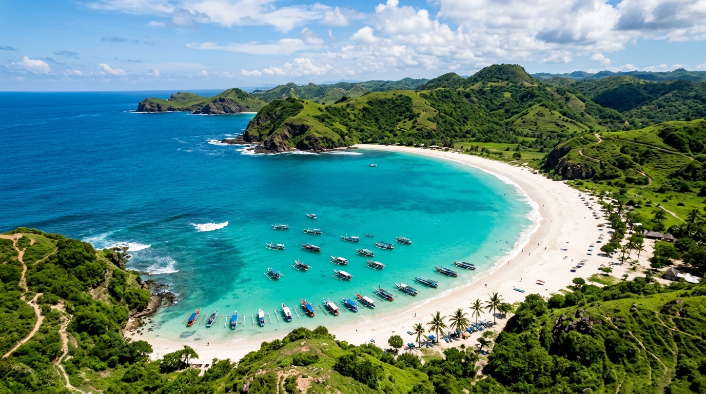 A wide-angle, drone-style shot of a crescent-shaped beach in Southern