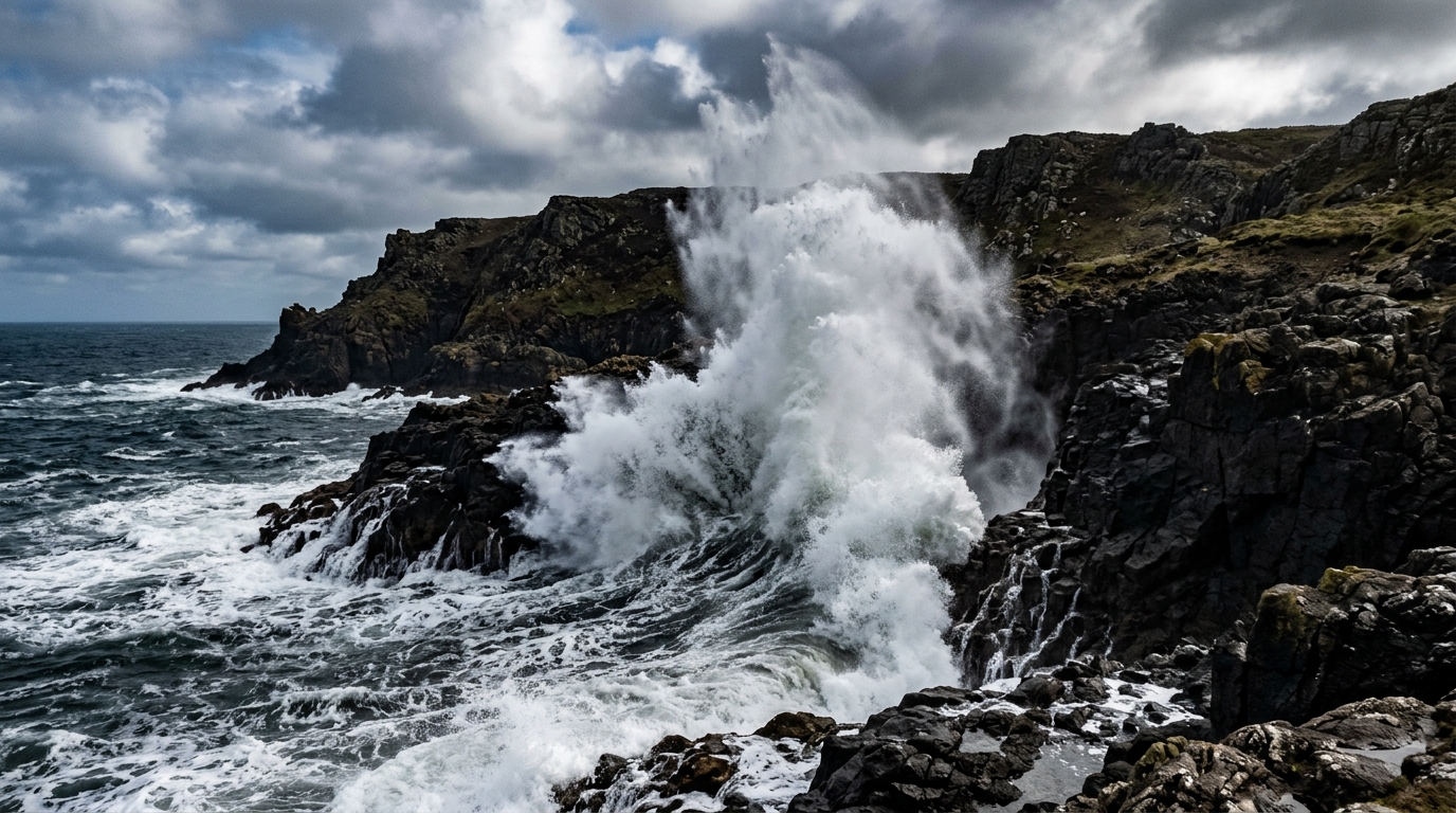 A dramatic coastal cliff made of dark, jagged rocks. A