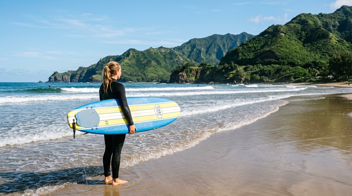 A close-up view of a surfer holding a foam board,